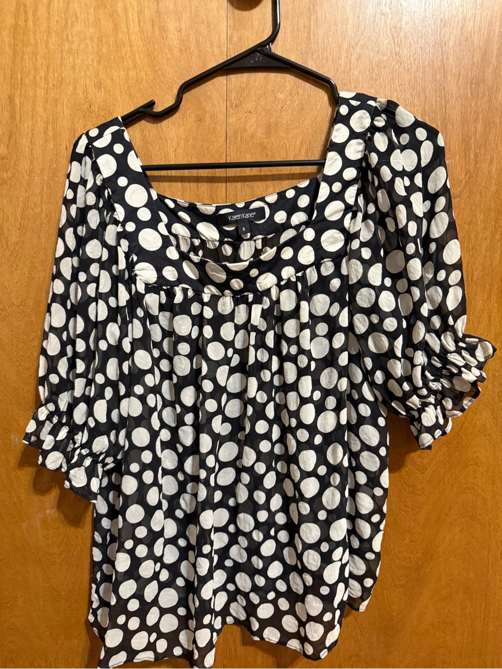 Karen Kane.Black and White Polka Dot Square Neck Blouse